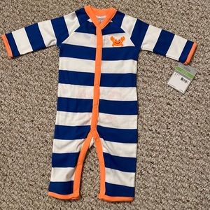 Carter’s 3 month blue and white striped with crab on front/back one piece.